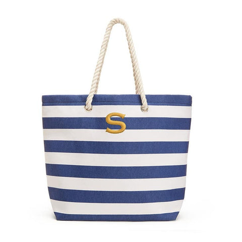 Personalized Extra-Large Cabana Stripe Canvas Fabric Tote Bag - Navy