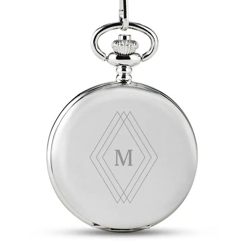 Personalized Silver Mechanical Pocket Watch & Fob - Diamond Emblem Monogram