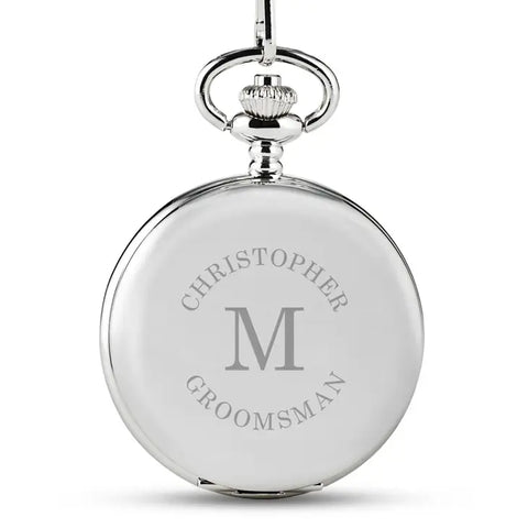 Personalized Silver Mechanical Pocket Watch & Fob - Wrap Text Monogram