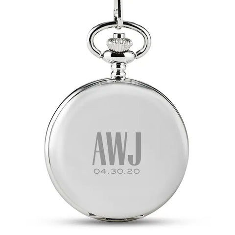 Personalized Silver Mechanical Pocket Watch & Fob - Sans Serif Monogram