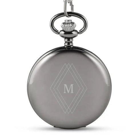 Personalized Gunmetal Pocket Watch & Fob - Diamond Emblem Monogram