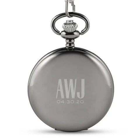 Personalized Gunmetal Pocket Watch & Fob - Sans Serif Monogram