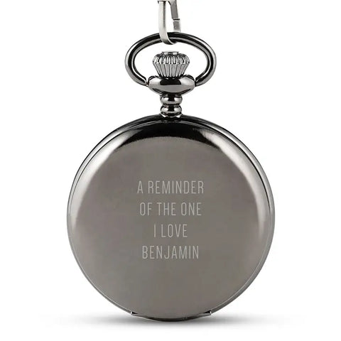 Personalized Gunmetal Mechanical Pocket Watch & Fob - Custom Text