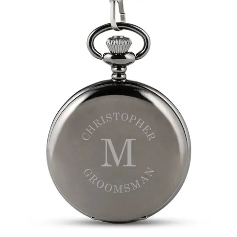 Personalized Gunmetal Mechanical Pocket Watch & Fob - Wrap Text Monogram