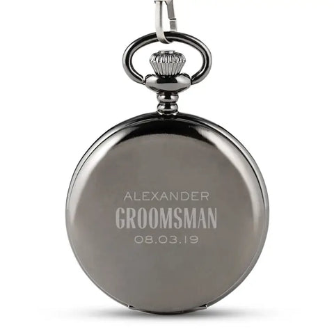 Personalized Gunmetal Mechanical Pocket Watch & Fob - Modern Groomsman