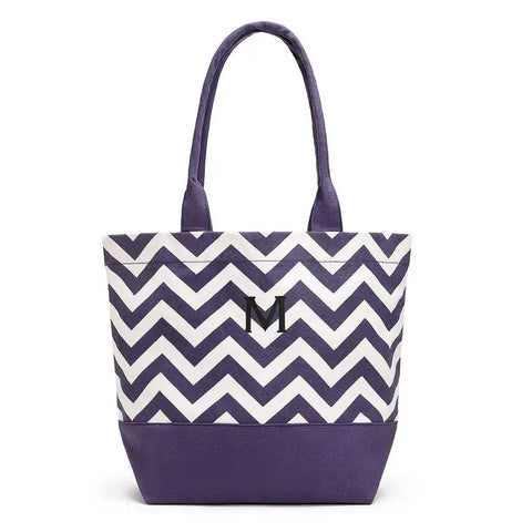 Large Personalized Chevron Cotton Canvas Fabric Tote Bag- Grape Purple