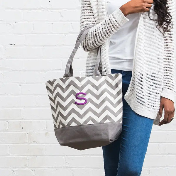 Large Personalized Chevron Cotton Canvas Fabric Tote Bag- Grey