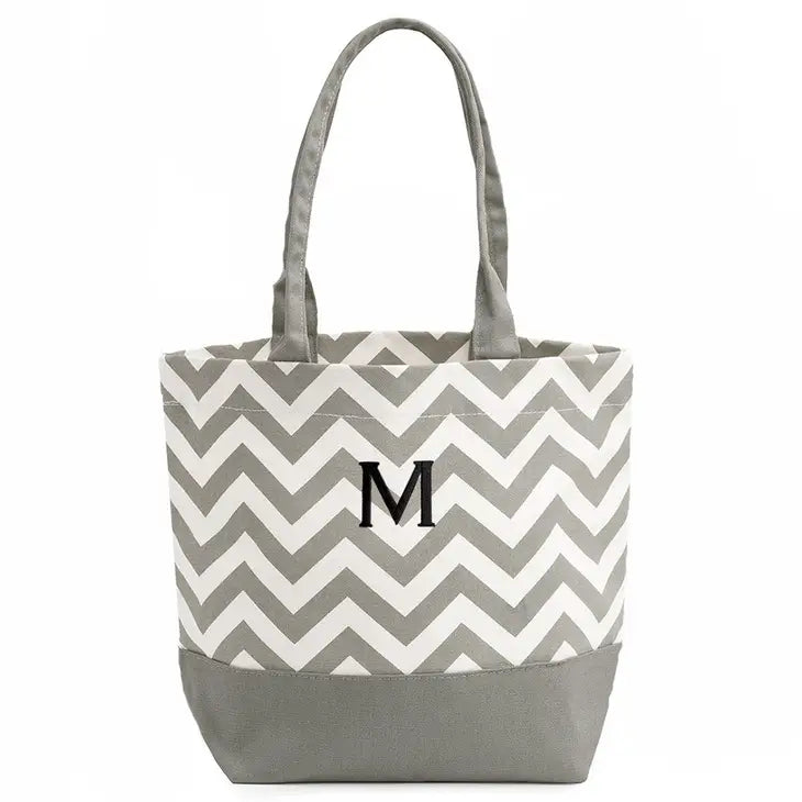 Large Personalized Chevron Cotton Canvas Fabric Tote Bag- Grey