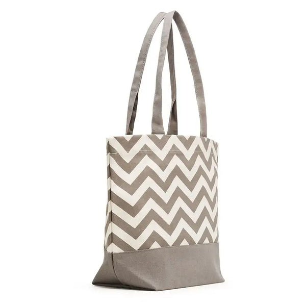 Large Personalized Chevron Cotton Canvas Fabric Tote Bag- Grey