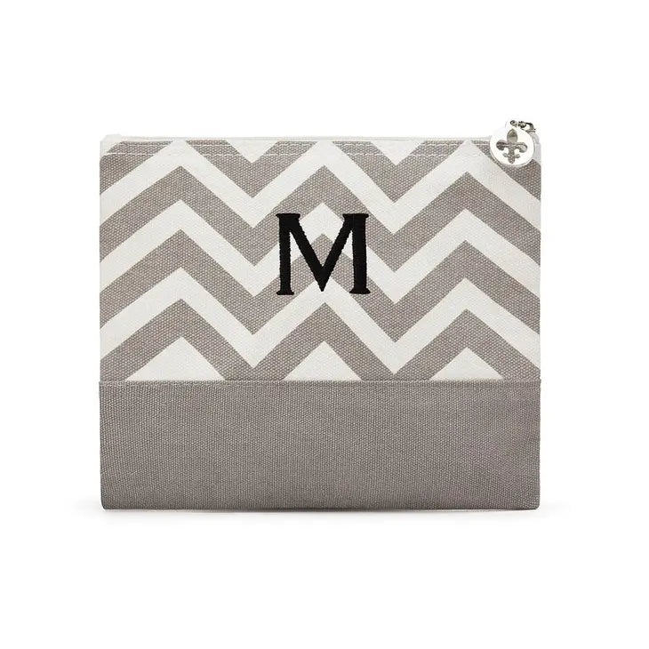 Large Personalized Chevron Makeup Bag- Grey