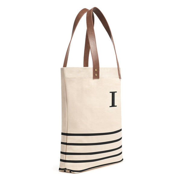 Personalized Large Annie Stripe Canvas Fabric Tote Bag- Black