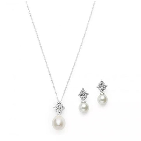 Silver Necklace And Earring Set - Pearl And Crystal Drop Pendant