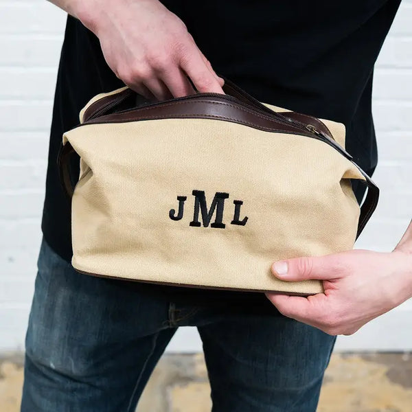 Personalized Men's Travel Toiletry Bag - Light Brown Canvas