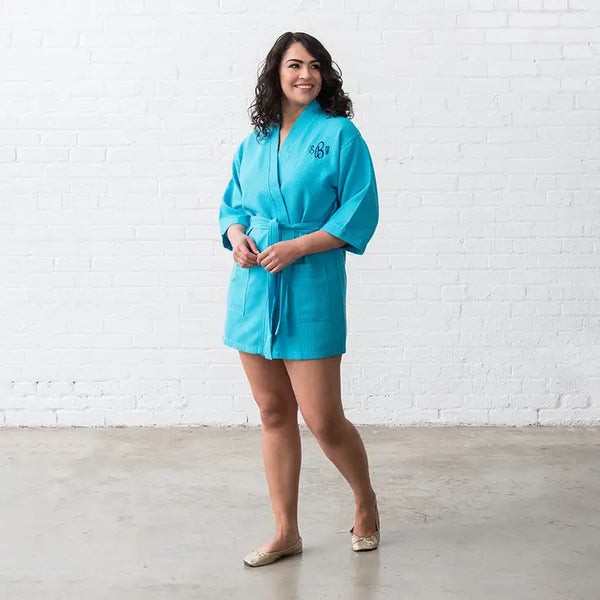 Women's Personalized Embroidered Waffle Spa Robe - Turquoise / Blue