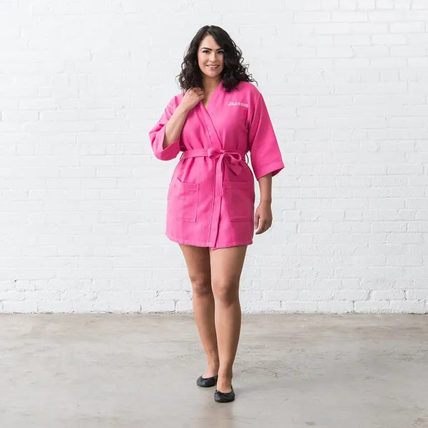 Women's Personalized Embroidered Waffle Spa Robe - Fuchsia / Hot Pink