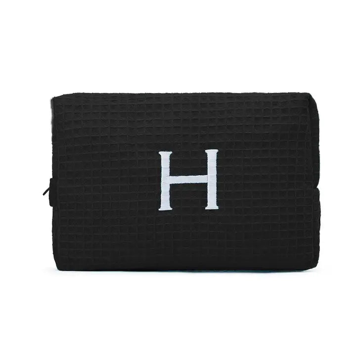 Women's Large Personalized Cotton Waffle Makeup Bag- Black