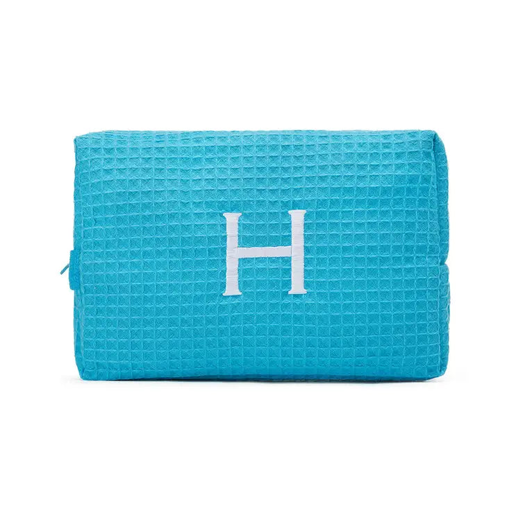 Women's Large Personalized Cotton Waffle Makeup Bag- Turquoise Blue