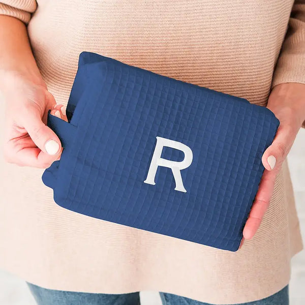 Women's Large Personalized Cotton Waffle Makeup Bag- Navy Blue