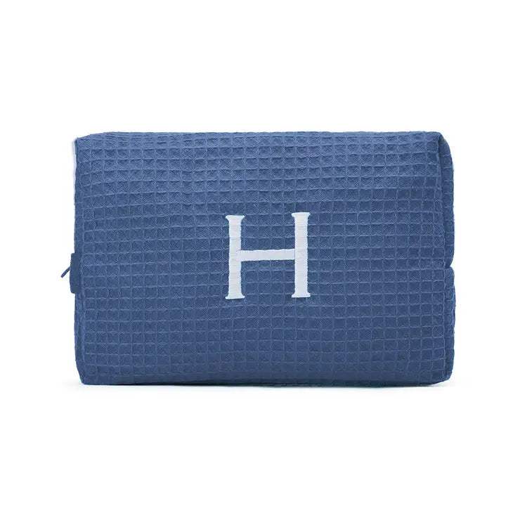 Women's Large Personalized Cotton Waffle Makeup Bag- Navy Blue