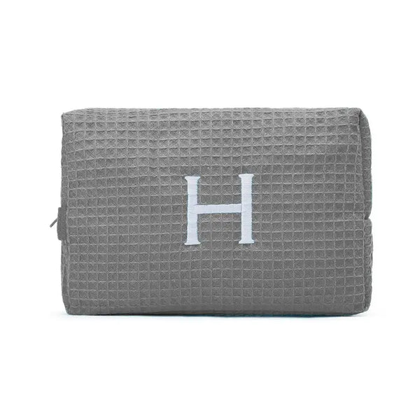 Women's Large Personalized Cotton Waffle Makeup Bag- Grey