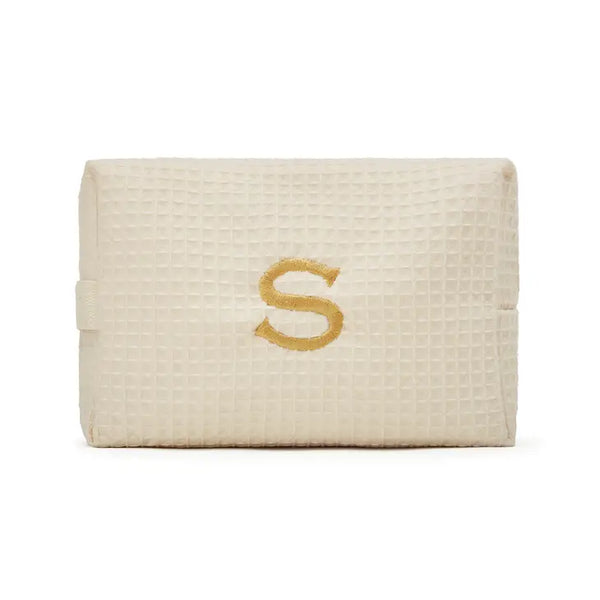 Women's Large Personalized Cotton Waffle Makeup Bag- Ivory