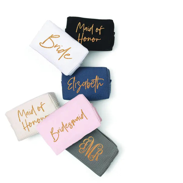 Women's Personalized Cotton Waffle Makeup Bag - Script Font