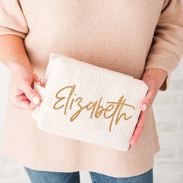 Women's Personalized Cotton Waffle Makeup Bag - Script Font