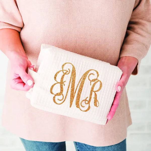 Women's Personalized Cotton Waffle Makeup Bag - Monogram