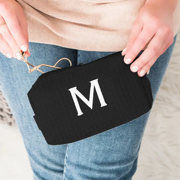 Personalized Small Cotton Waffle Makeup Bag- Black