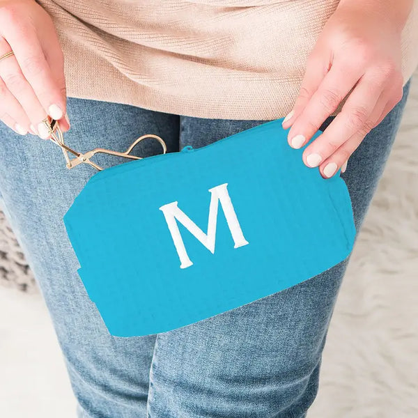 Personalized Small Cotton Waffle Makeup Bag - Turquoise Blue