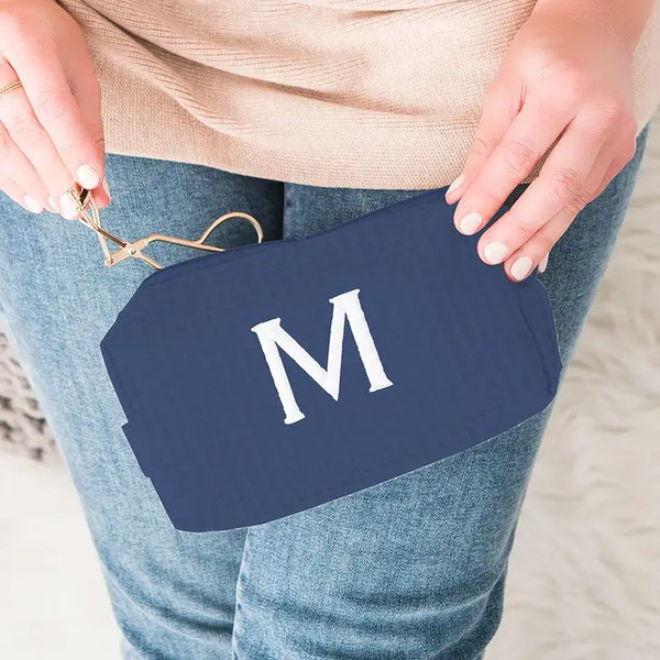 Personalized Small Cotton Waffle Makeup Bag- Navy Blue