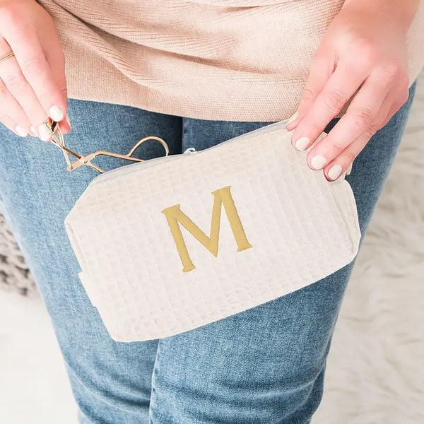 Personalized Small Cotton Waffle Makeup Bag- Ivory