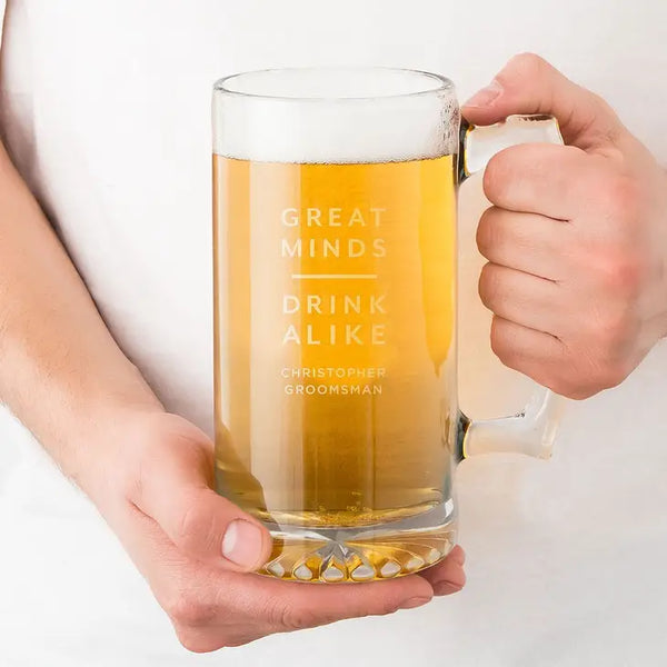 Personalized 25 Oz Glass Beer Mug - Great Minds Drink Alike Engraving