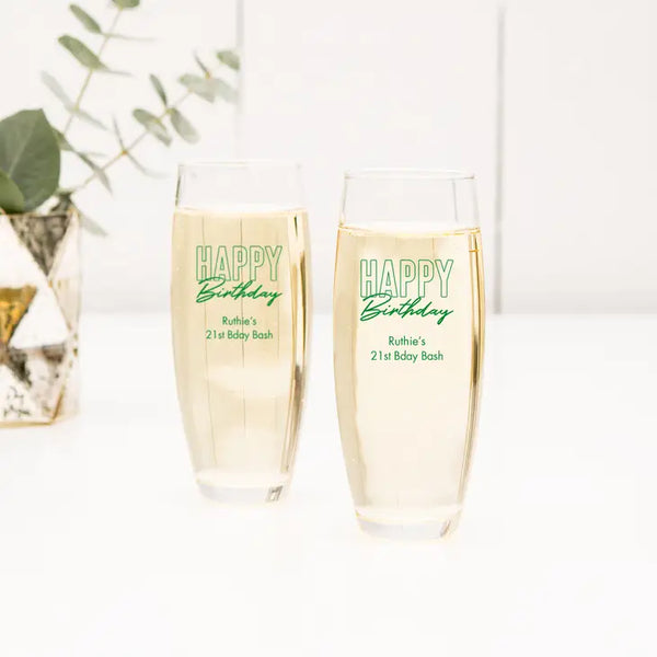 Personalised 9 oz. Stemless Toasting Champagne Flute Favour - Birthday | More Occasions