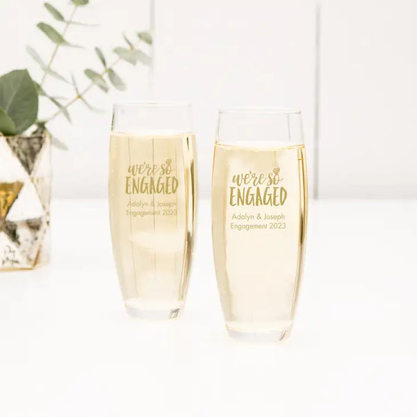 Personalised 9 oz. Stemless Toasting Champagne Flute Wedding Favour - Engagement Party | More Occasions