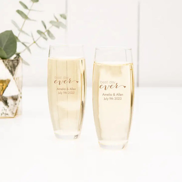 Personalized 9 oz. Stemless Toasting Champagne Flute Wedding Favour - Trendy Sayings | More Designs