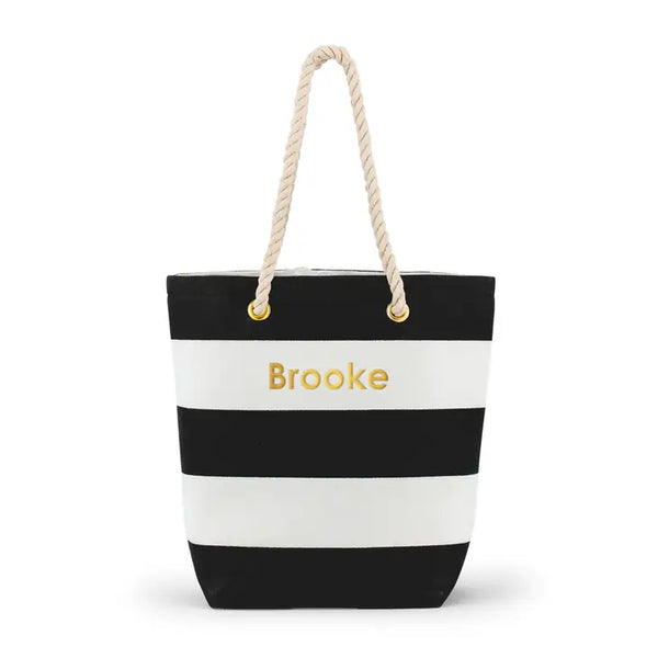 Personalized Large Bliss Striped Cotton Canvas Fabric Tote Bag - Black And White