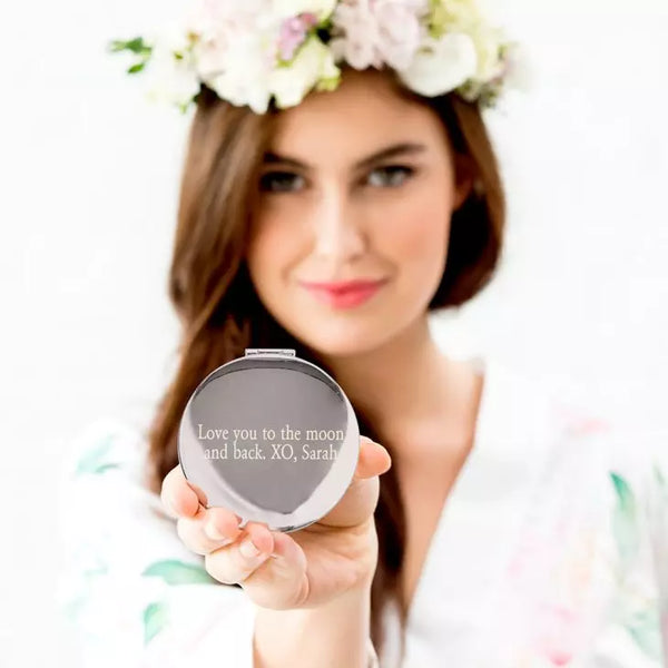 Personalized Engraved Bridal Party Pocket Compact Mirror - Garden Party - SILVER / GREY