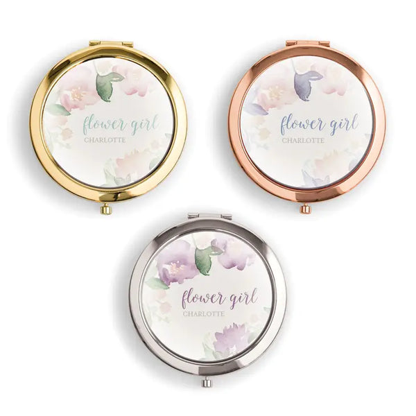 Personalized Engraved Bridal Party Pocket Compact Mirror - Flower Girl Garden Party