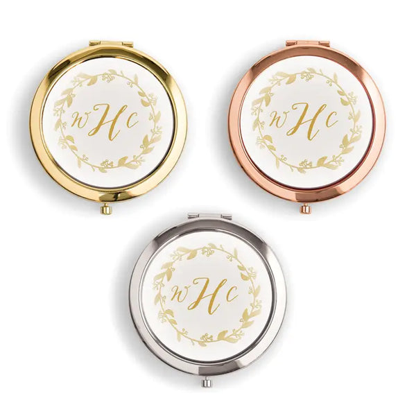 Personalized Engraved Bridal Party Compact Mirror - Gold Wreath