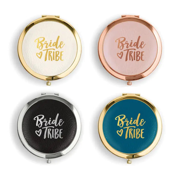 Personalized Engraved Faux Leather Compact Mirror - Bride Tribe