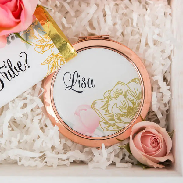 Personalized Engraved Bridal Party Compact Mirror - Modern Floral