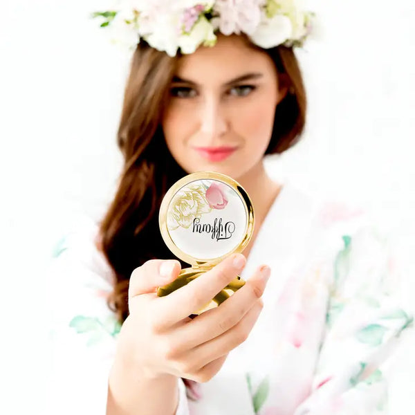 Personalized Engraved Bridal Party Compact Mirror - Modern Floral