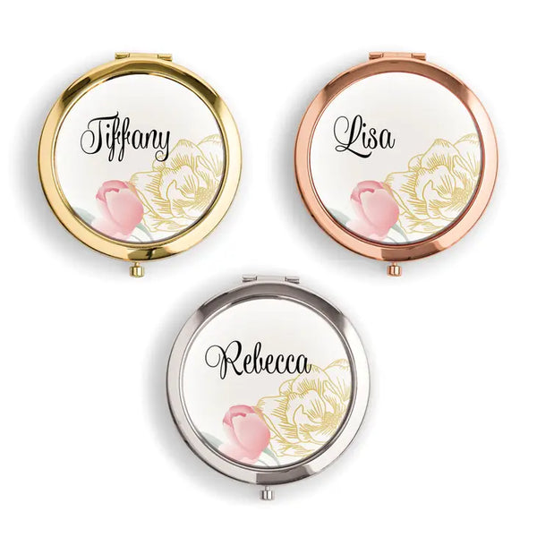 Personalized Engraved Bridal Party Compact Mirror - Modern Floral