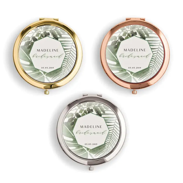 Personalized Engraved Bridal Party Pocket Compact Mirror - Tropical Greenery