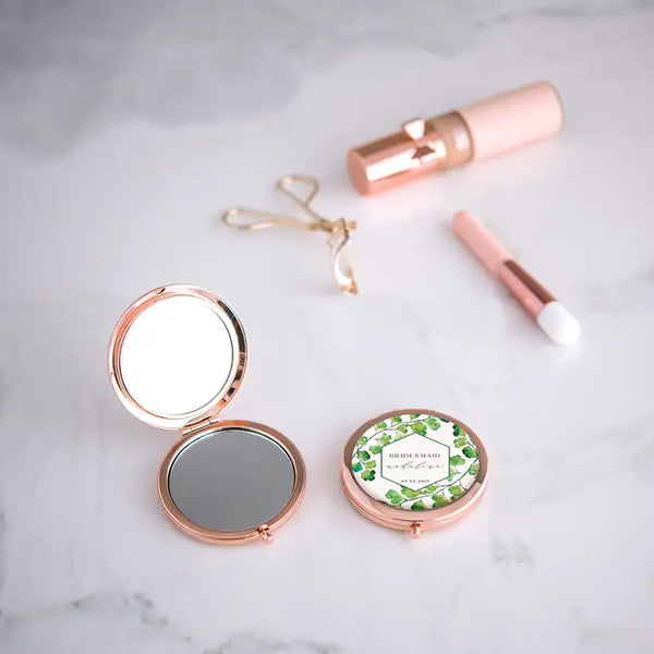 Personalized Engraved Bridal Party Pocket Compact Mirror - Greenery