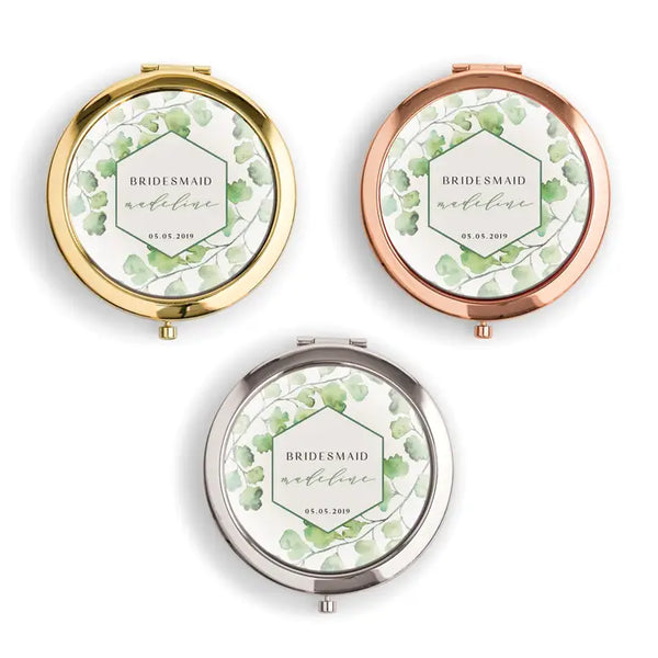 Personalized Engraved Bridal Party Pocket Compact Mirror - Greenery