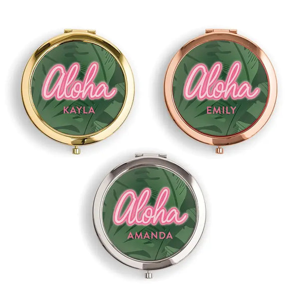 Personalized Engraved Bridal Party Compact Mirror - Aloha Palm Leaf