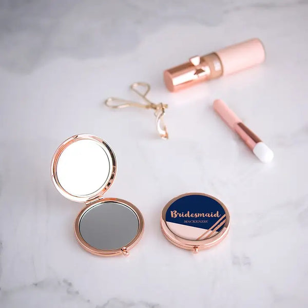 Personalized Engraved Bridal Party Pocket Compact Mirror - Retro Luxe Navy