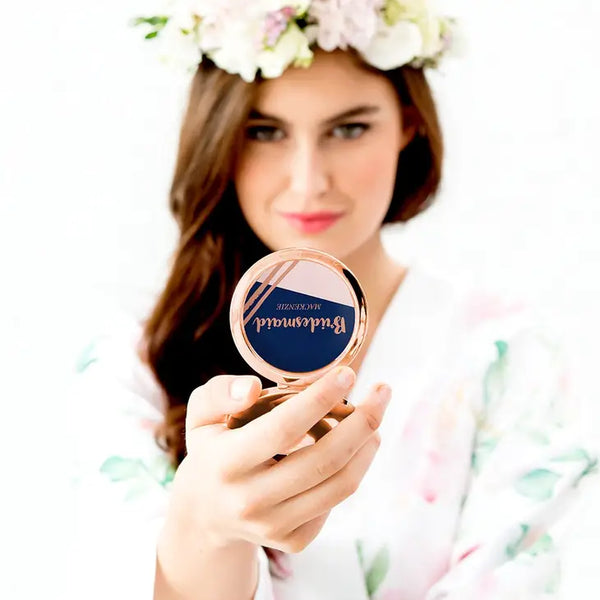 Personalized Engraved Bridal Party Pocket Compact Mirror - Retro Luxe Navy